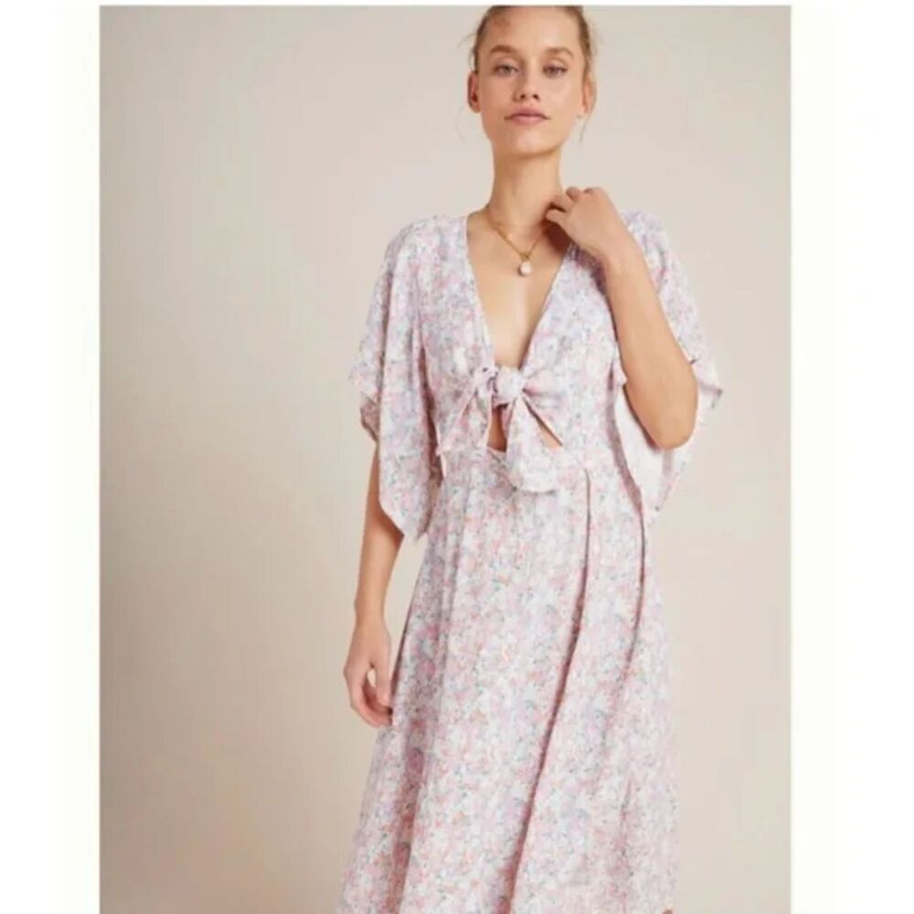 Faithful the Brand "Massimo" Pink Floral Tie Front Flare Sleeve Midi Dress sz 4